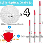 4 Pack Spin Mop Replacements Heads Compatible for O ceda EasyWring 1 Tank System, Microfiber Mops Head Refills , 1 Triangle Head Base and 30-58in Handle Set Combo