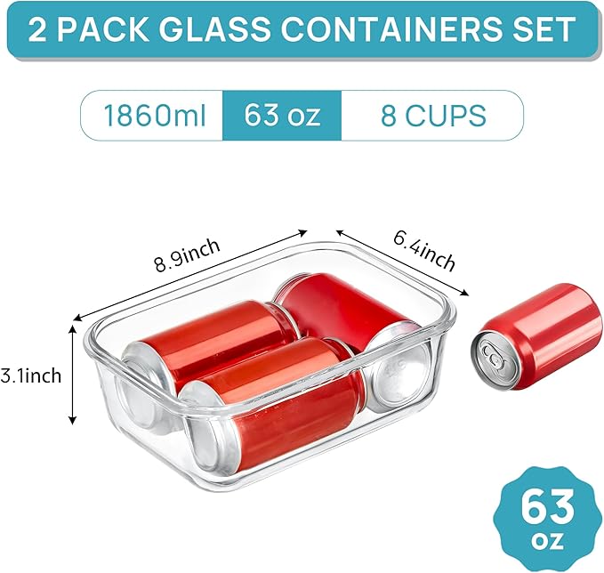 Vtopmart 2Pack 1860ml/ 63oz Large Glass Storage Containers with Lids, Meal Prep Food Container Set with Snap Airtight Lid for Baking, Microwave, Oven, Leak Proof, for Freezer, Dishwasher, Grey