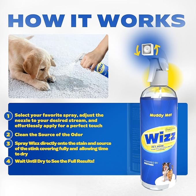 Muddy Mat® Wizz Stain & Odor Remover for strong odor of Cat & Dog Pee Cleaner, Pet urine odor eliminator, Remove strain and Odor from carpets, fabric, clothing, furniture & Pets - 24oz Spray