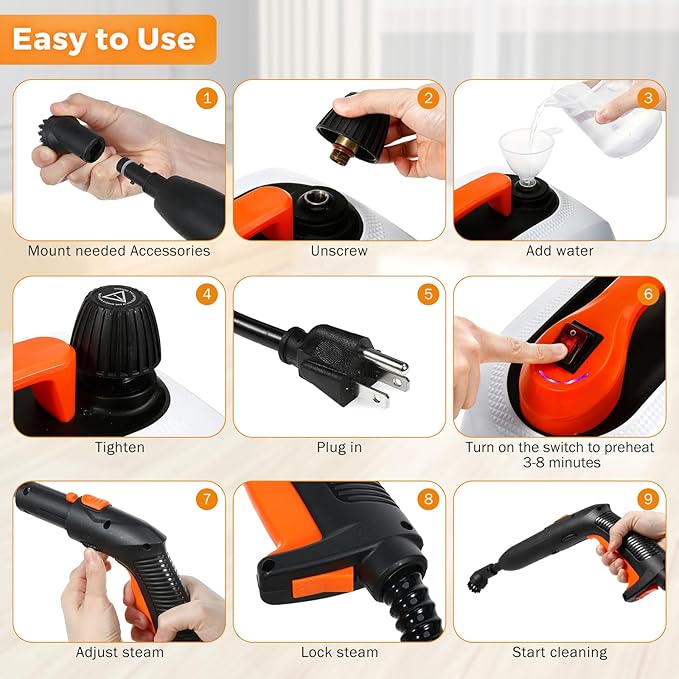 BEAMNOVA Steam Cleaner Electric Household Steamer High Pressure Multipurpose Rolling Cleaning Machine for Carpet Upholstery Floor Car Detailing Home Inside Water Container with Roller, White