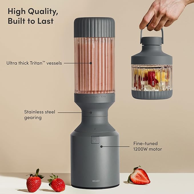 Beast Mega 1200 Plus | Premium Countertop Blender | Smoothies, Shakes, Sauces, Dips, Soups | Blends Ice and Frozen Fruit | XL Vessel | With Extra Vessels, Straw System | (Charcoal, 120V)