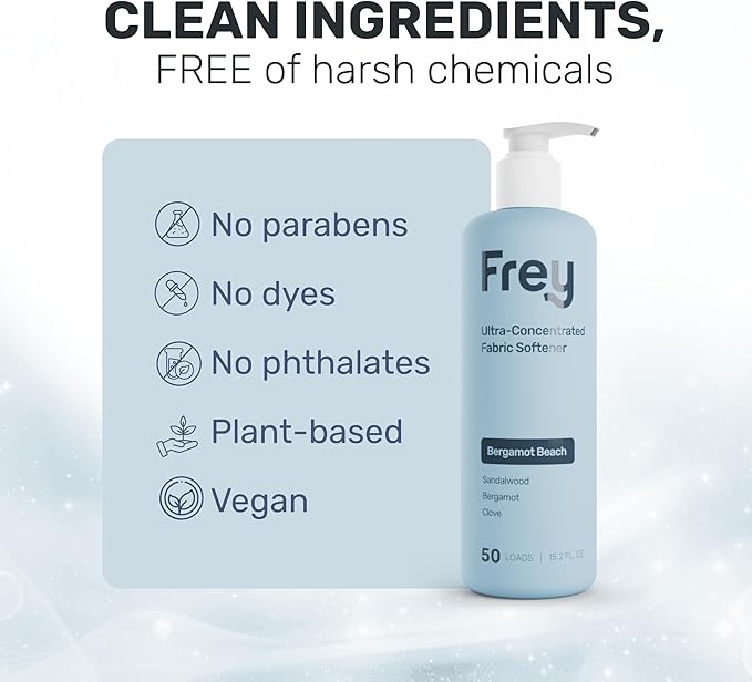 FREY Natural Liquid Fabric Softener & Conditioner | Laundry Softener for Clothing | Works In All Machines + HE | Powered by Natural Ingredients (1-pack, Bergamot Beach)