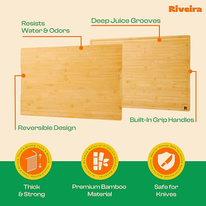 Riveira Wood Cutting Board – Gourmet Bamboo Grandeur: 30 x 20 Cutting Boards For Kitchen – Natural Wooden Cutting Boards For Kitchen – Innovative Juice Grooves Bamboo Cutting Board