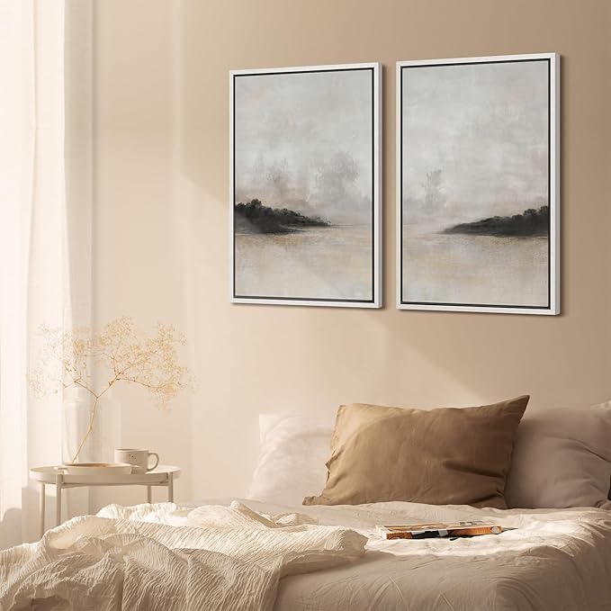 SIGNFORD Framed Canvas Print Wall Art Set Misty Horizon Soft Neutral Toned Landscape Illustration Modern Art Decorative Nordic Nature for Living Room, Bedroom, Office - 16"x24"x2 White
