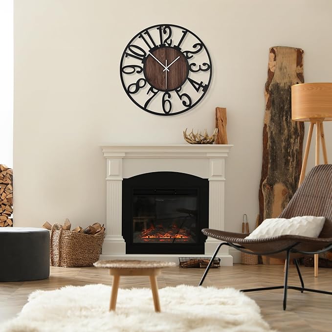 1st owned Large Wall Clock for Living Room Decor- 20" Decorative Antique Silent Non Ticking,Battery Operated,Black Metal,Wood Clocks for Farmhouse,Dining Room,Bedroom,Kitchen - Arabic Numerals
