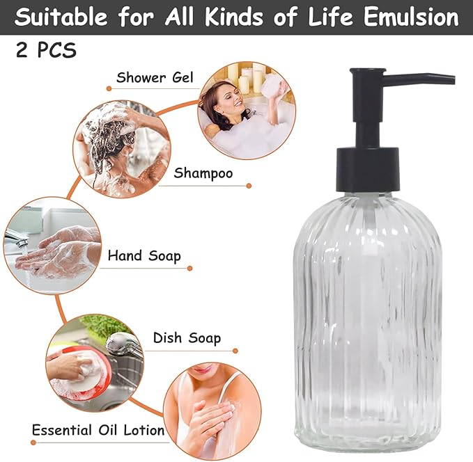 Clear Glass Soap Dispenser with Pump, 2 Pack 13.5oz Bathroom Soap Dispenser with Vertical Stripe for Hand Wash and Dish Wash, Elegant Refillable Hand Dispenser for Dishwashing Liquid, Lotion