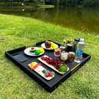 24x24 Inches Extra Large Black Faux Leather Wrapped Wood Ottoman Tray with Golden Handles for Serving Food and Breakfast On Bed, Square Coffee Table Organizer, Home Decor and Decorative