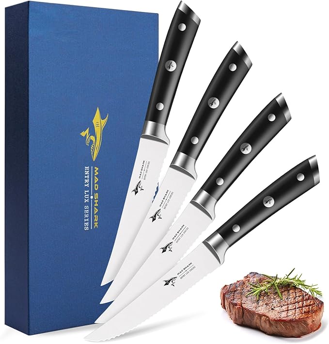 MAD SHARK 4-Piece Steak Knife Set, Premium 12.6-inch Serrated Steak Knives, Ultra Sharp German High Carbon Stainless Steel with Triple Rivet Handles, Elegant Gift Box Included