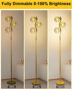 Lightdot 60IN Dimmable Gold Floor Lamp with 3 Glass Globe Mid Century Standing Lamps with 3Pcs 3000K Soft Warm White G9 Bulbs Stepless Brightness Adjustable Modern Tall Lamp for Bedroom Office