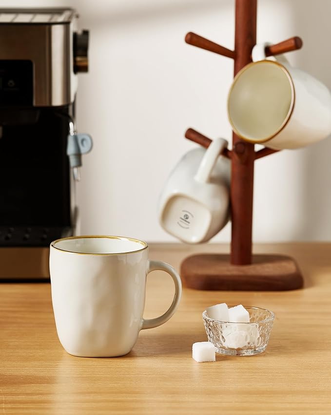 famiware Coffee Mugs Set of 4, Ocean Square 13oz Coffee Cup Set with Handle for Cocoa, Milk, Hot Chocolate, Tea, Water, Stoneware Cups for Kitchen, Microwave and Dishwasher Safe, Vanilla White