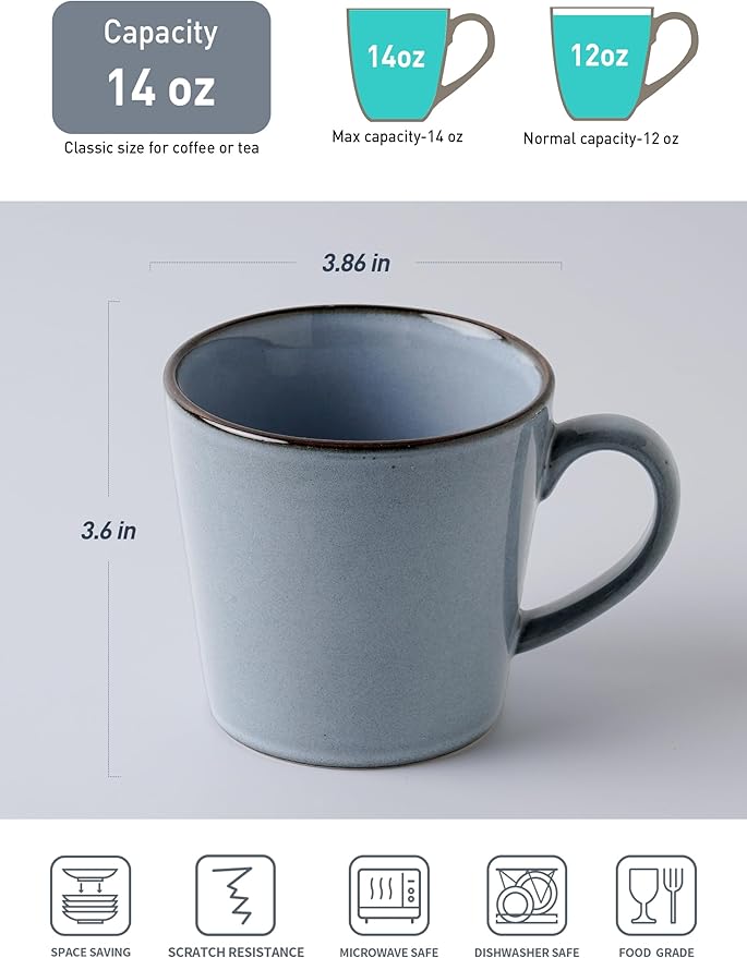 famiware Coffee Mug Set of 4, Annecy 14 oz Ceramic Reusable Cups Set with Handle, Microwavable and Dishwasherable Stoneware Drinkware Set for Tea, Milk, Water, Reactive Blue