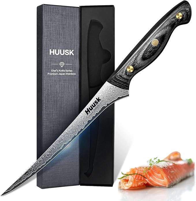 Huusk Damascus Fish Fillet Knife - 7 inch Flexible boning knife with VG10 Core, Kitchen Slicing Knife with Full Tang Handle, Birthday Dad Mom Gift