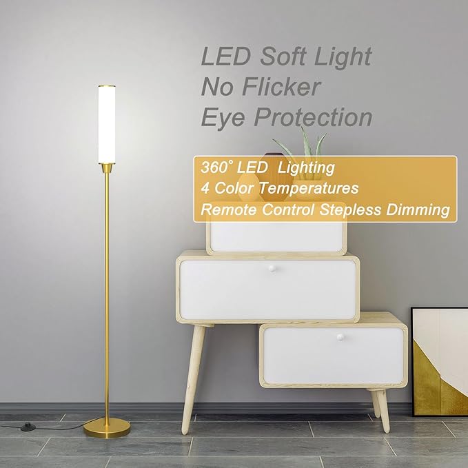 Floor Lamp with Remote Control,Bright Floor Lamps for Living Room/Bedroom/Office, Stepless Adjustable 3000K-6000K Colors and 10-100% Brightness,Standing Light with Foot Switch (Brass Gold)