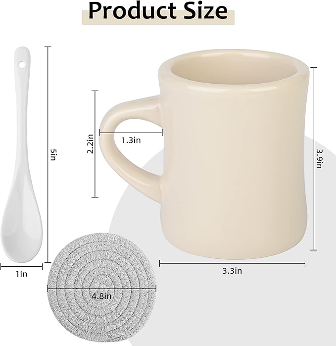 11oz Ceramic Diner Coffee Mug set Stoneware Coffee Cups Set for Restaurant, Diner, Farmhouse, Coffee Shop, Home set of 4 with Coffee spoons and Woven Coasters (Cream)
