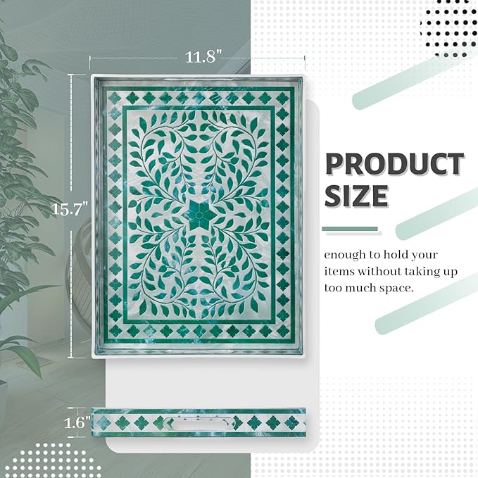 MAONAME Rectangular Decorative Tray, Plastic Serving Tray with Handles, Modern Green Trays for Ottoman, Coffee Table Trays for Living Room, Home Decor, 15.7" x 11.8" x 1.6"