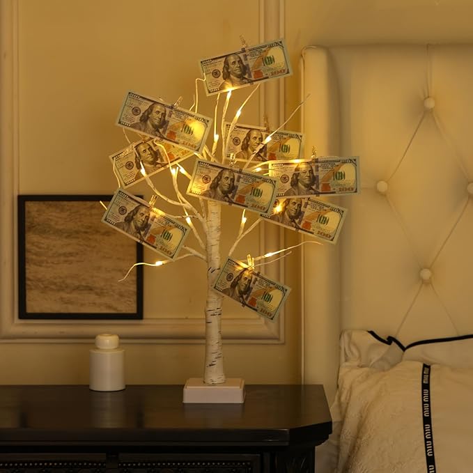 Money Tree Gift Card Holder 24 LED Birch Tree Lamp Battery/USB Powered Light Up White Trees Gift Card Holder with 22 Clear Clips for Photo Birthday Fall Thanksgiving Halloween Christmas