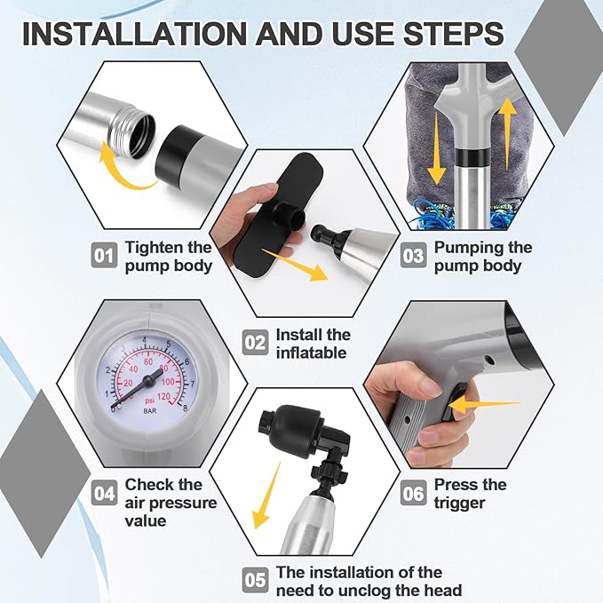 Toilet Plunger Drain Clog Remover, High Pressure Air Drain Remover Tool with Real-Time Barometer, Stainless Steel Clog Toilet Cleaner for Bathroom Kitchen Commercial Floor Sink(Gray)