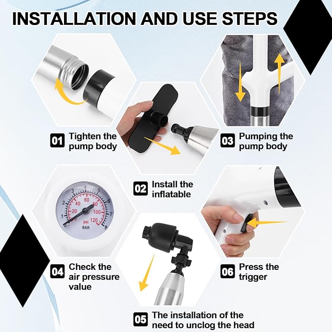 Toilet Plunger Drain Clog Remover, High Pressure Air Drain Remover Tool with Real-Time Barometer, Stainless Steel Clog Toilet Cleaner for Bathroom Kitchen Commercial Floor Sink(White)