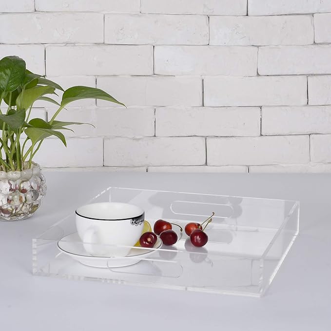 Clear Sturdy Acrylic Serving Tray with Handles - 12x12Inch - Coffee, Appetizer, Breakfast, Butler Tray - Kitchen Countertop & Makeup Drawer Organizer