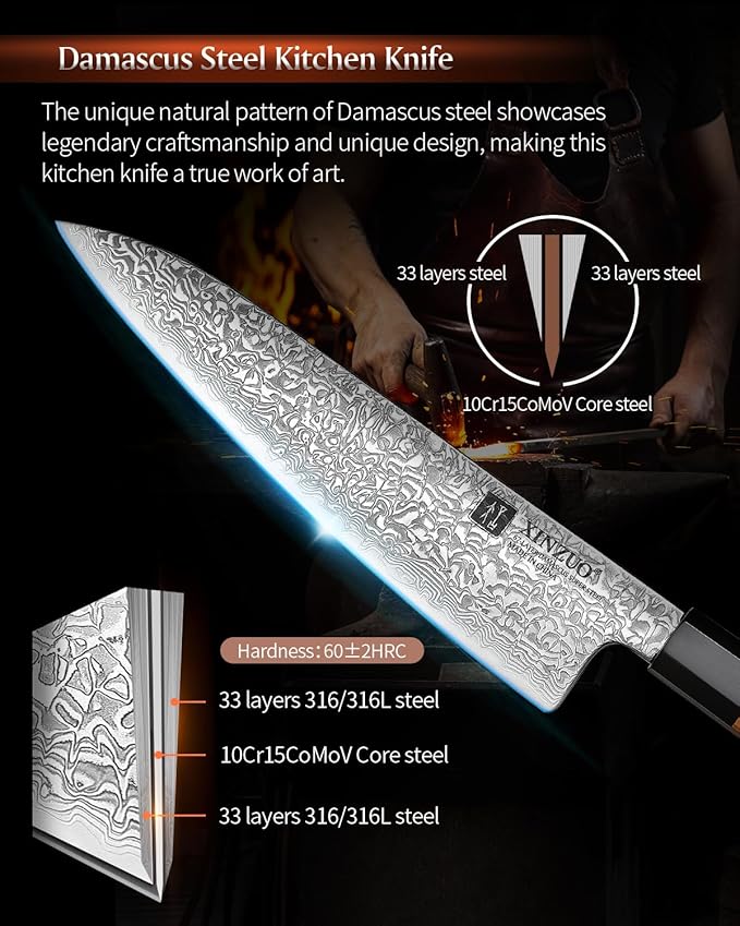 XINZUO 8.5 Inch Chef Knife, 67 Layers Hand Forged Damascus Steel Kitchen Knife Professional, Japanese Chef Knife for Chefs and Home Cooking, Ultra Sharp,Olive Wood Octagonal Handle