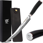 YOUSUNLONG Slicing & Carving Knife - 10'' (25.4cm) - Damascus - Japanese Hammered VG10 Steel - Ham Slicer - Razor Sharp -Natural Ebony wood Handle With Leather Sheath - Slicer Cleaver