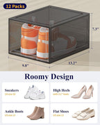 Kitsure Thicker & Sturdier Shoe Boxes - 12 Pack Black Clear Plastic Foldable Storage Organizer with Magnetic Door, Reinforced Heavy-Duty Design for Sneakers, Toiletries & Accessories, 13.2"x9.8"x7.3"