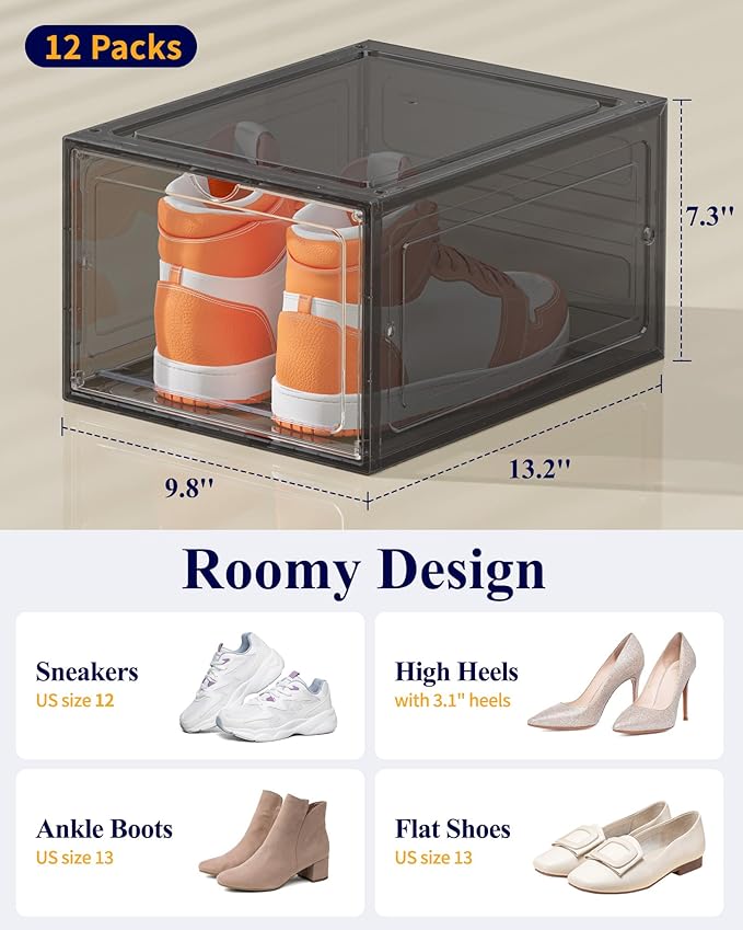 Kitsure Thicker & Sturdier Shoe Boxes - 12 Pack Black Clear Plastic Foldable Storage Organizer with Magnetic Door, Reinforced Heavy-Duty Design for Sneakers, Toiletries & Accessories, 13.2"x9.8"x7.3"