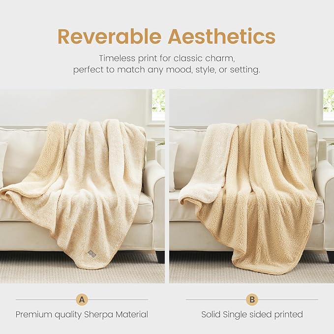Cozy Bliss Luxury Sherpa Throw Blanket for Couch, Premium Reversible Plush Thick Throw, Warm Cozy Soft Blanket for Home and Gifts (Mottled Beige, 50" x 60")
