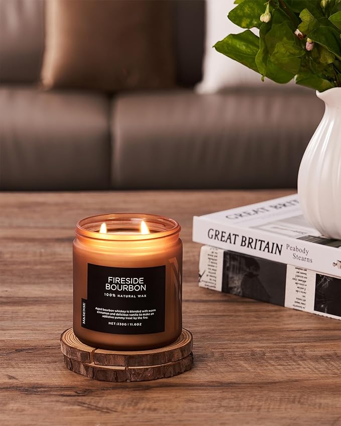 M&SENSE Fireside Bourbon Jar Candle, 11.6oz Clean Soy Wax Up to 70 Hours Burn Time Smoky Scent 2 Wick Cotton Fall Campfire Scented Candle for Home Decor Housewarming Gifts for Bathroom Office