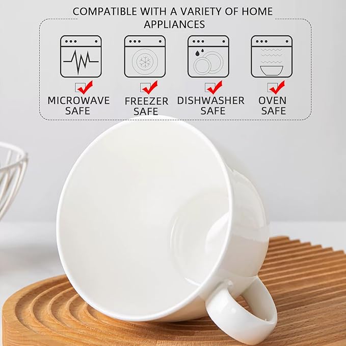 Chulan Extra Large White Bone China Cereal Mugs, 22 oz Ceramic Coffee Mug Set of 6, Latte Mugs Mocha Tea Cup, Jumbo Porcelain Soup Mugs with Big Handle for Desserts Snack, Microwave ＆ Dishwasher Safe