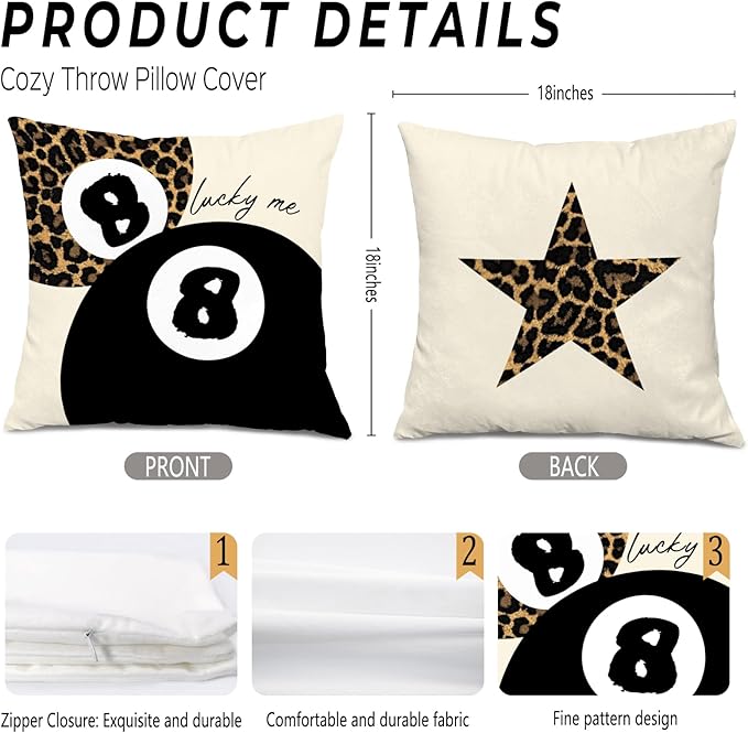 Leopard Star Lucky 8 Ball Throw Pillow Covers 18x18, Cheetah Print Room Decor, Trendy Funky Y2K Leopard Print Decorative Pillow Covers for Girls Room Dorm Apartment Home
