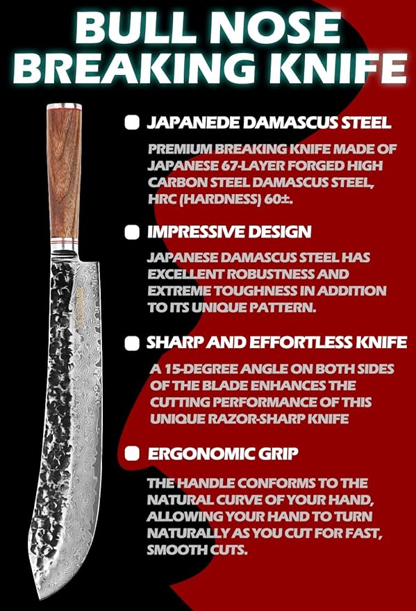 YOUSUNLONG Breaking Knives 12 inch Max Bull Nose Butcher Knife Japanese Hammered Damascus Steel Natural Walnut Wooden Handle