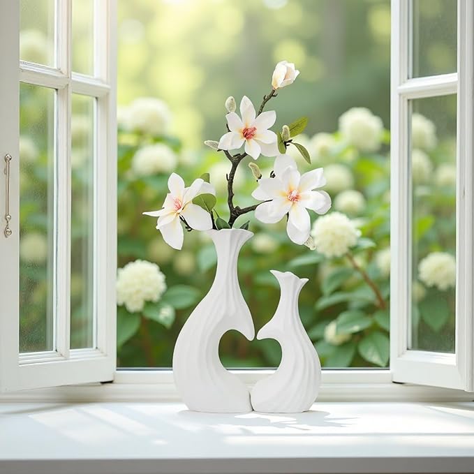 Ceramic Vases for Home Decor, Modern Heart Shaped Vase Set of 2, Matte Farmhouse Dried Fake Flowers Vase for Office, Living, Dining Room, Kitchen