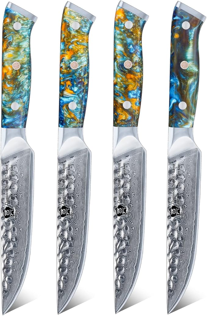 WILDMOK Steak Knife Set 4pc Full Tang 5 inch Forged Damascus Steel Dinner Knives Full Tang Ergonomic Beautiful Resin Handle