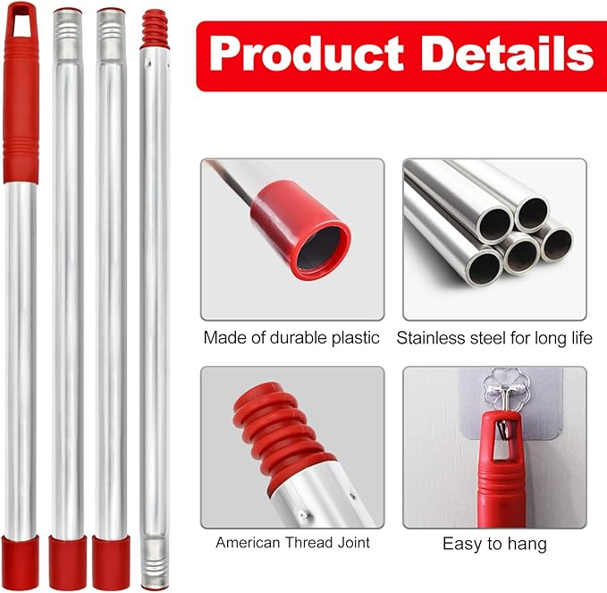 Spin Mop Handle Replacement for Ocedar,4-Section 30-58" Extendable Length Mop Handles and 2 Pack Upgrade Mop Scrubber Head,Mop Base Compatible with Ocedar EasyWring 1 Tank for Hard Floor Cleaning