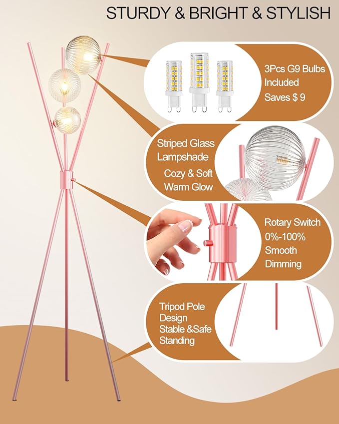 Lightdot Tripod Floor Lamp Dimmable Pink Standing Lamps with Globe Clear Glass Lampshade 3PCS 3000K G9 Bulbs Included Mid Century Modern Floor Lamp for Living Room/Bedroom