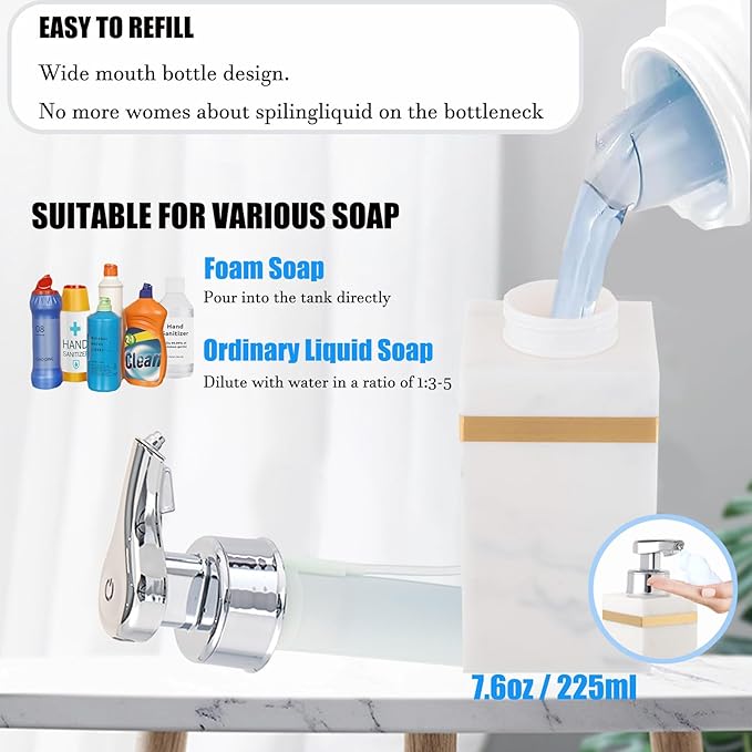Automatic Soap Dispenser, Touchless Smart Foam Soap Dispenser, USB Rechargeable, 7.6oz / 225ml, Dish Soap Dispenser for Bathroom, Kitchen, Hotel - White & Gold