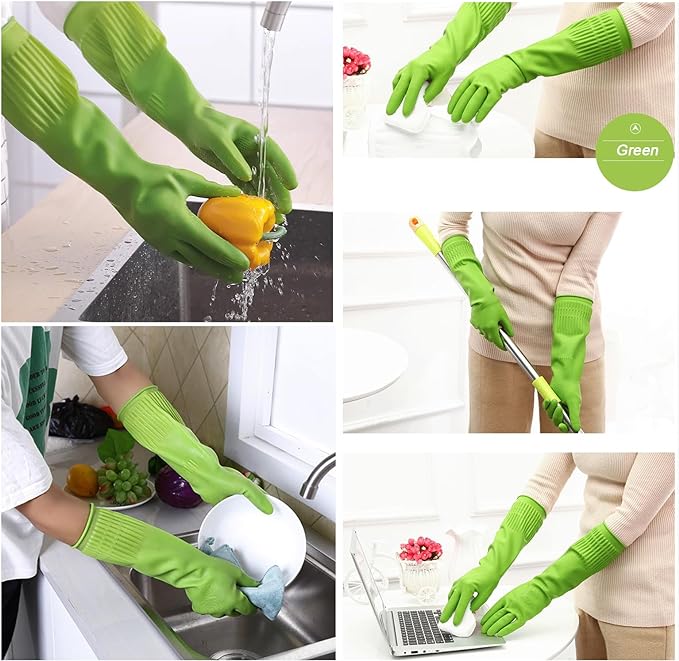 Bamllum 3 Pairs of Rubber Dishwashing Gloves for Kitchen and Household Cleaning – Long Cuff 15", Reusable, Flexible Long-lasting and Non-Slip (Red+Yellow+Green, Medium)