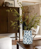 Ceramic Rustic Farmhouse Vase, 7.9" Blue and White Vase for Centerpieces Chinoiserie Vases Pottery Jug with Handle Chinoiserie French Country Decor Vintage Vases for Living Room Kitchen Dinner Table