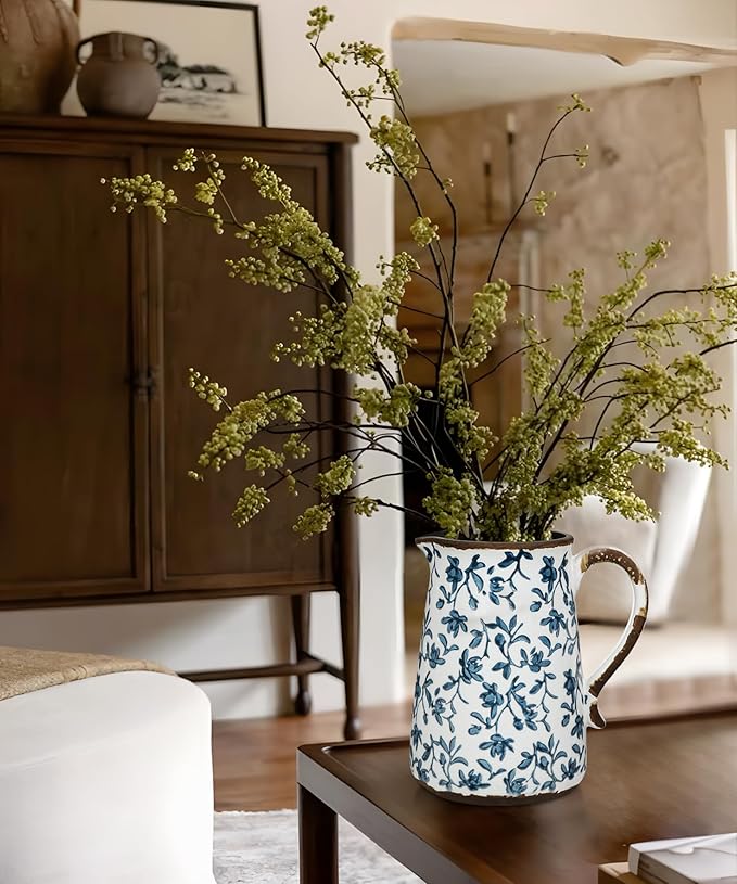 Ceramic Rustic Farmhouse Vase, 7.9" Blue and White Vase for Centerpieces Chinoiserie Vases Pottery Jug with Handle Chinoiserie French Country Decor Vintage Vases for Living Room Kitchen Dinner Table
