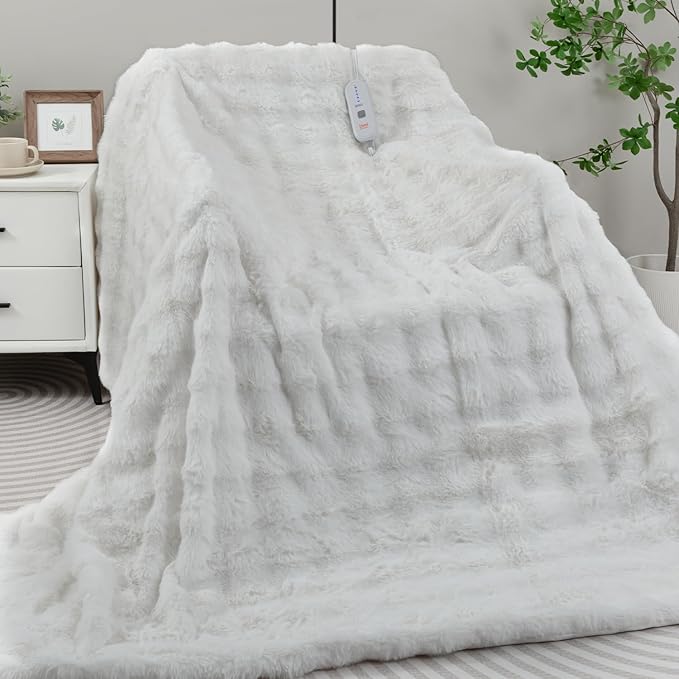 Heated Blanket Electric Throw- 50"x60" Soft Thick Bubble Electric Blanket for Sofa with 5 Heat Levels & 4 Hours Auto-Off Overheat Protection, Warm Cozy Gifts, Cream