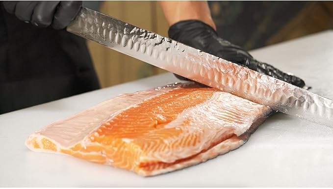 YOUSUNLONG Sakimaru Knife 15 inch(380mm) Ultimate Japanese Damascus Steel Fillet Knives Suitable for cutting tuna and salmon-Natural Ebony Handle With Leather Sheath