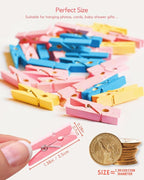 Clothes Pins Mini Clothespins Pink - 100 PCS Wooden Small Clothespins for Pictures with Jute Twine Tiny Photo Paper Clip, Ideal for Baby Shower, Crafts, Chip Clips, Home Office Decoration