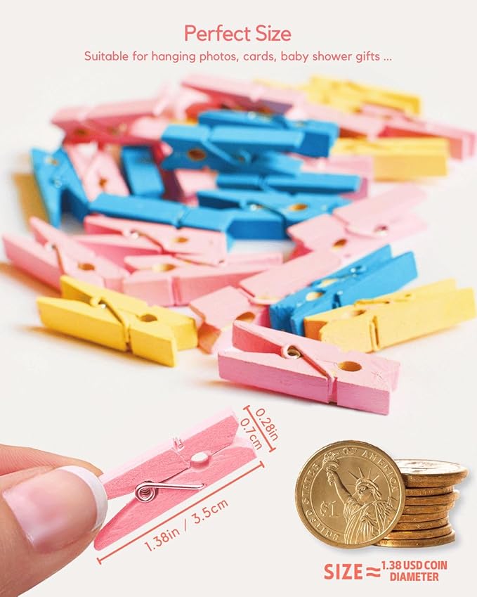 Clothes Pins Mini Clothespins Pink - 100 PCS Wooden Small Clothespins for Pictures with Jute Twine Tiny Photo Paper Clip, Ideal for Baby Shower, Crafts, Chip Clips, Home Office Decoration