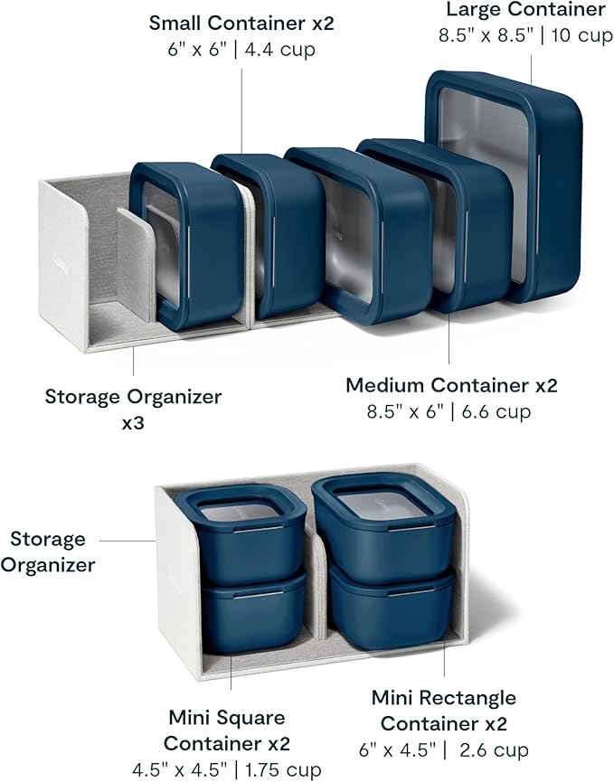 Caraway 22pc Glass Food Storage Set - Storage Containers for Food - Non-Toxic Ceramic-Coated Glass - Air Release Technology - Compact & Stackable Design - Navy