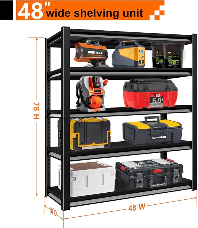 Garage Storage Shelves Heavy Duty, 48”W Shelving Units and Storage Rack, 2800LBS Loads Shelving Units, Adjustable 5-Tier Metal Shelves for Industrial Storage, 48”W×18”D×78”H,Black