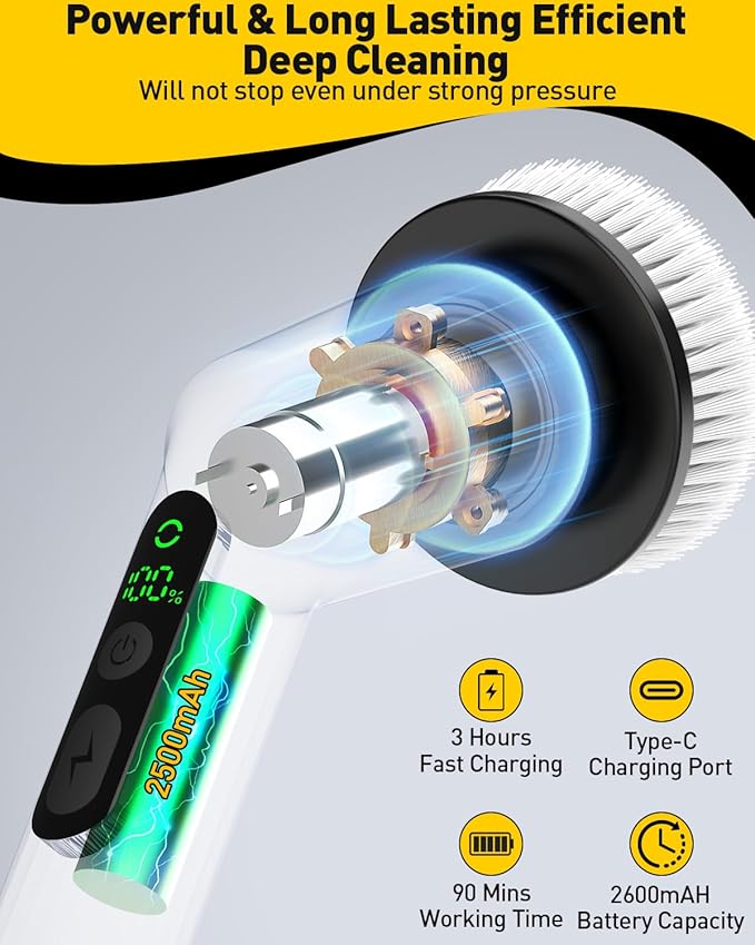 Electric Spin Scrubber for Cleaning Bathroom, Shower Scrubber Cordless Cleaning Brush with IPX7 Waterproof & 2 Speed, 3 Brush Heads, Bathroom Cleaning Supplies for Toilet Shower Tub Black