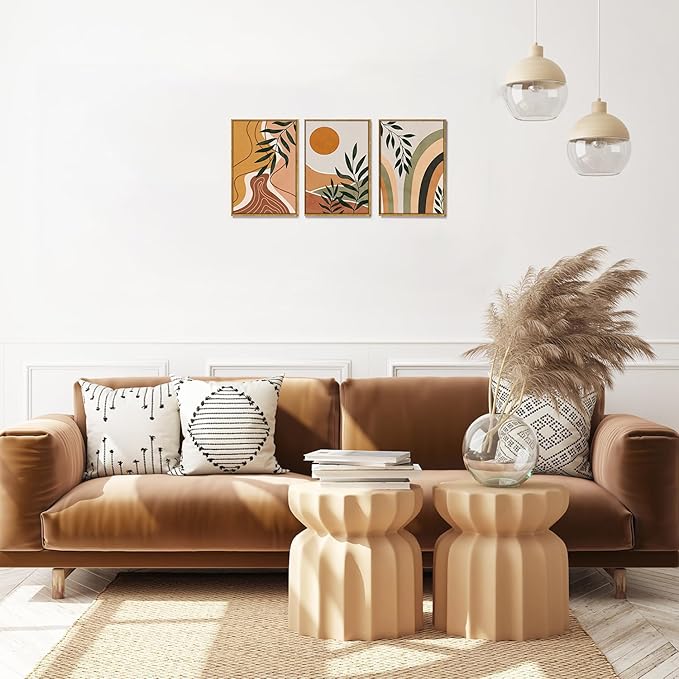 Bwodke Boho Wall Art, Framed Abstract Sun Wall Art, Botanical Canvas Wall Decor, Mid Century Line Leaf Geometric Pictures Set of 3, Minimalist Paintings, for Bedroom Living Room Bathroom 12"x16"