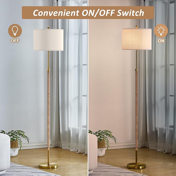 Boho Rattan Floor Lamp for Living Room, Adjustable Height:65"-70" Brass Gold Standing Lamp, Farmhouse Tall Skinny Pole Light with Oatmeal Shade for Bedroom Office