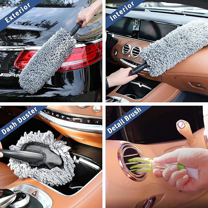 upra Ultimate Car Duster Kit，Best Microfiber Multipurpose Duster,Interior &Exterior Cleaning Tools,Dashboard Detailing Brush,Scratch Lint Free,Pollen Removing,extendable Handle,Tuck,SUV,RV,Set of 4